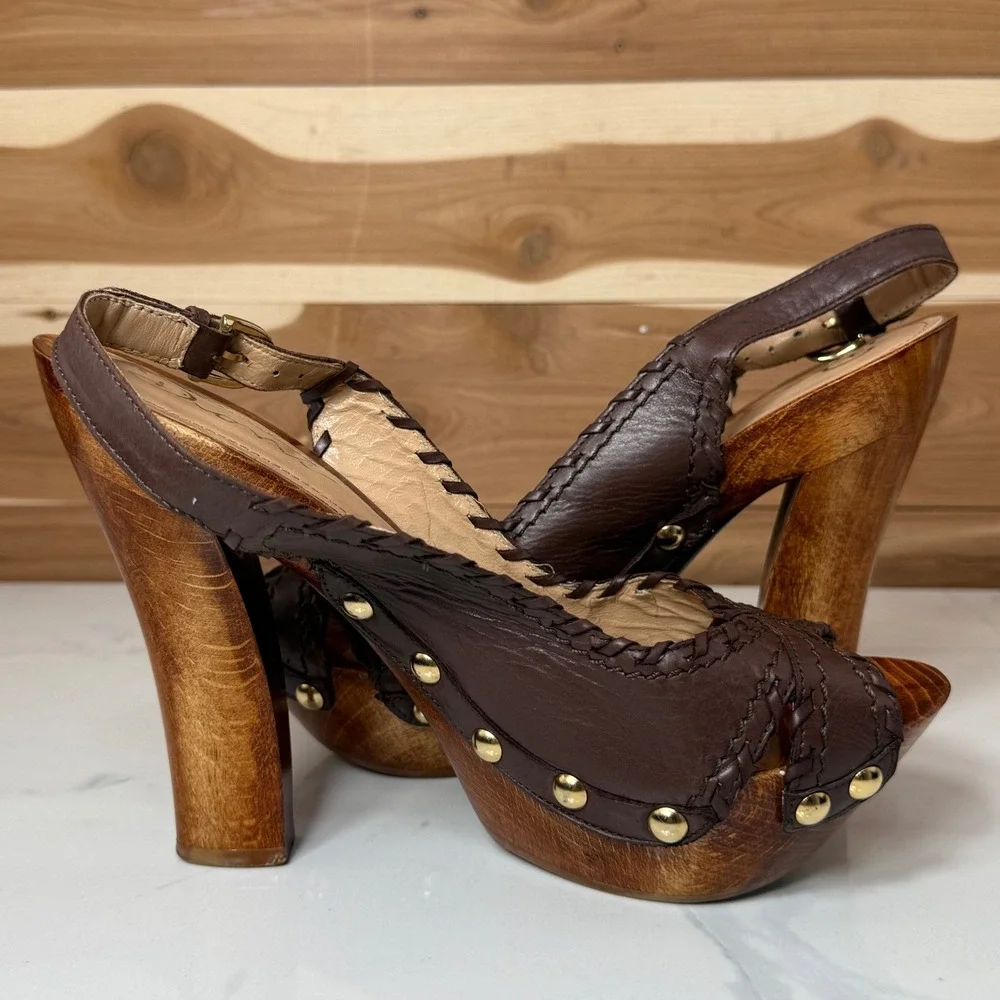 Dione Chuncky Wooden Heel Platform Sandals Leather Straps Brown Size 7.5 - Picture 13 of 13